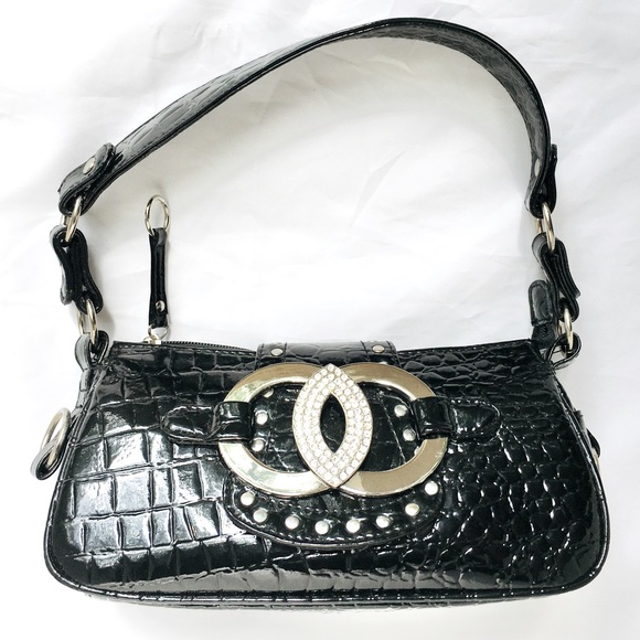 Black Aldo Spring rhinestone embellished faux lizard patent leather handbag - Picture 2 of 16